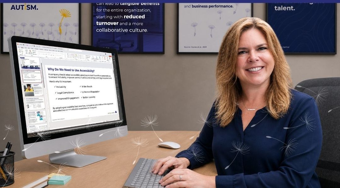 Michelle Passaro sitting at her desk creating accessibility ready files.